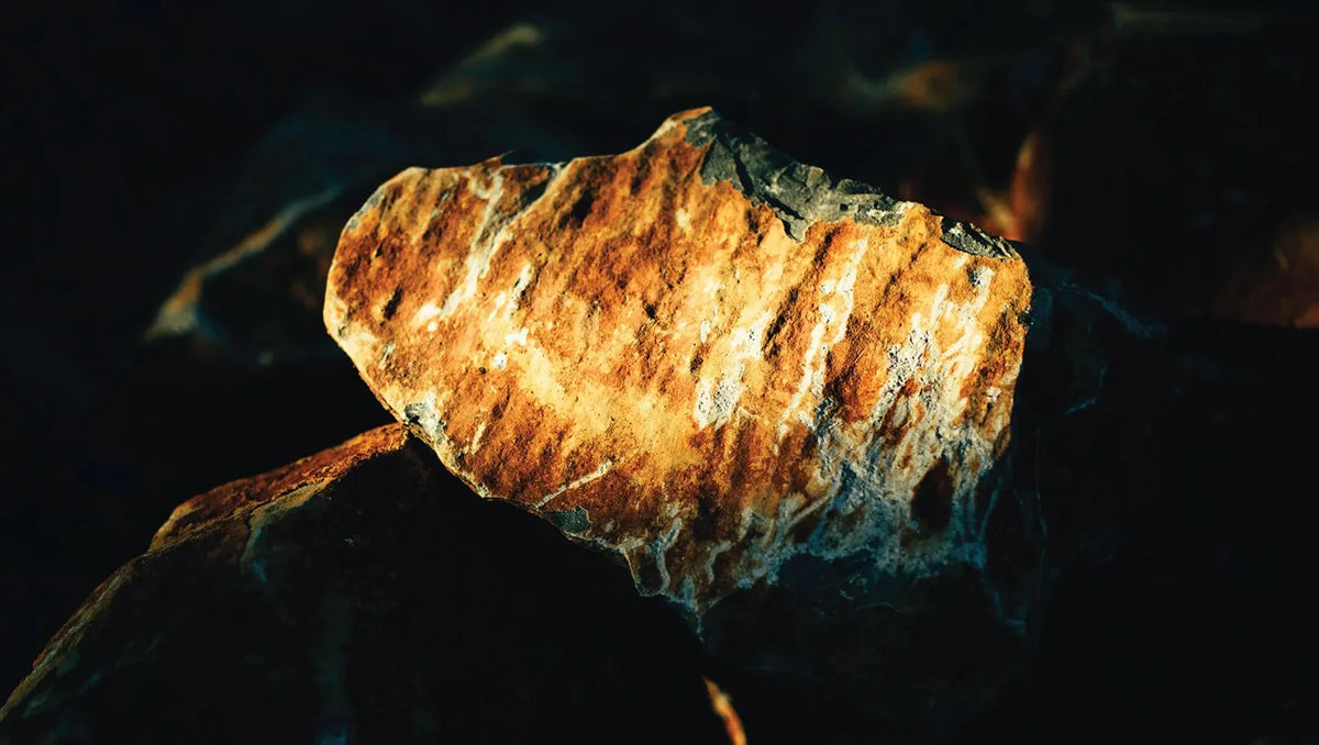 A close-up of a rough, textured rock or mineral specimen with warm golden-brown and orange tones, set against a very dark, shadowed background.